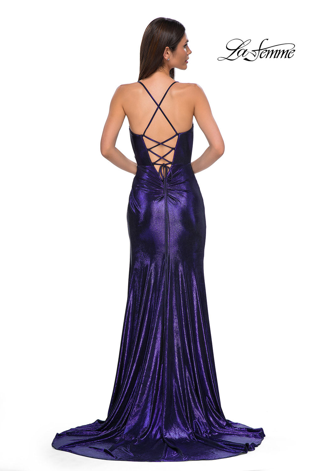 La Femme 32884 prom dress images. La Femme 32884 is available in these colors: Bronze, Emerald, Indigo, Wine.