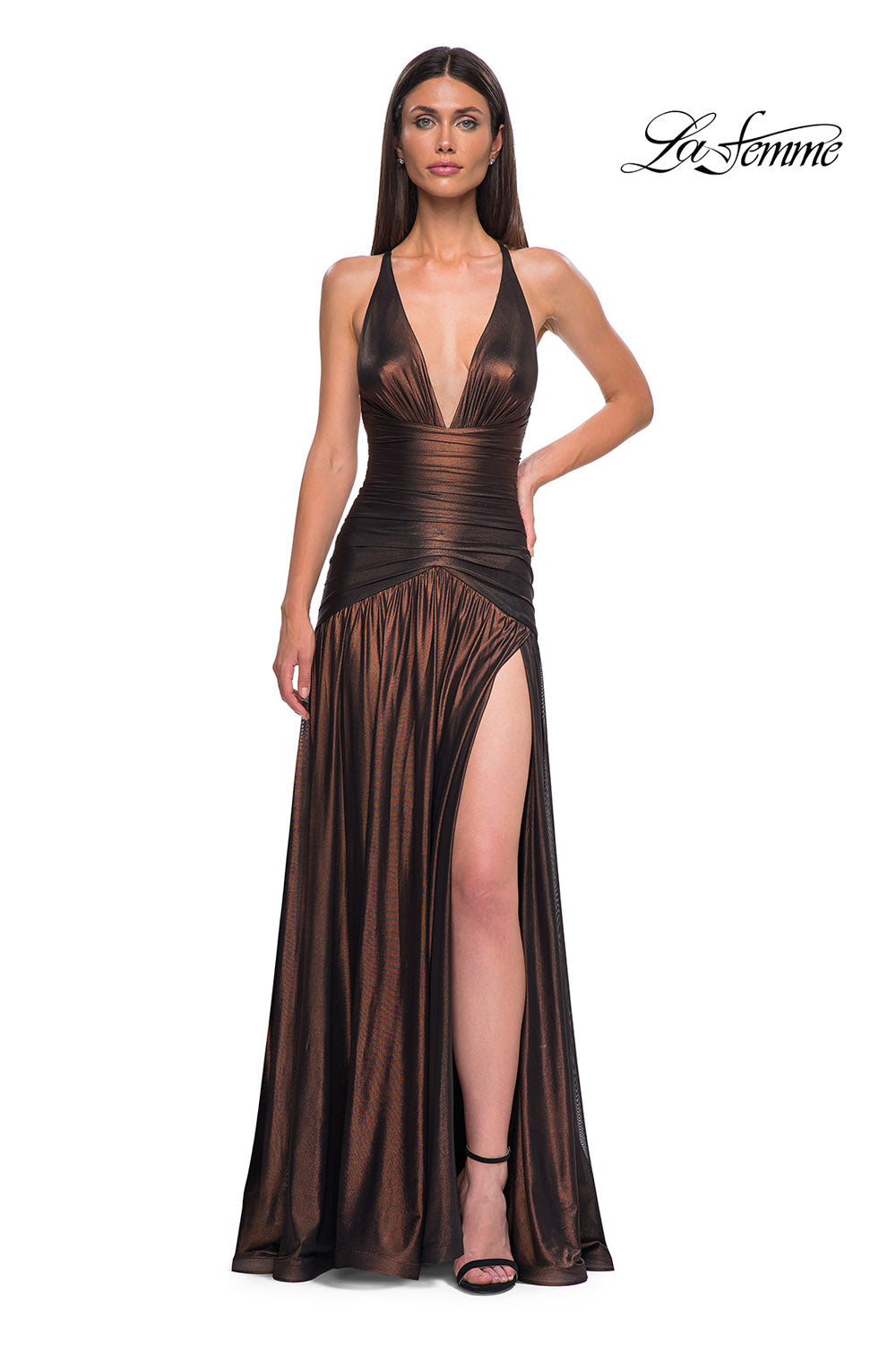 La Femme 32887 prom dress images. La Femme 32887 is available in these colors: Bronze, Indigo, Purple.