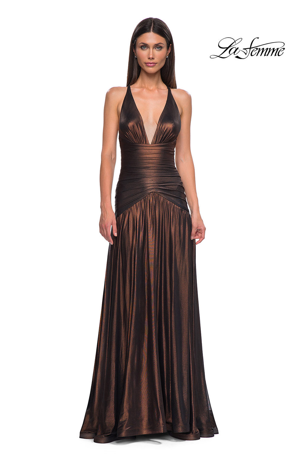 La Femme 32887 prom dress images. La Femme 32887 is available in these colors: Bronze, Indigo, Purple.