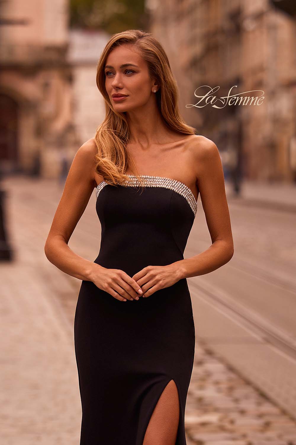 La Femme 32891 prom dress images. La Femme 32891 is available in these colors: Black, Ivory, Red.