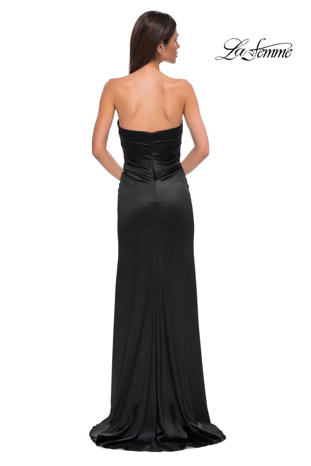 La Femme 32896 prom dress images. La Femme 32896 is available in these colors: Black, Dark Berry, Ivory.