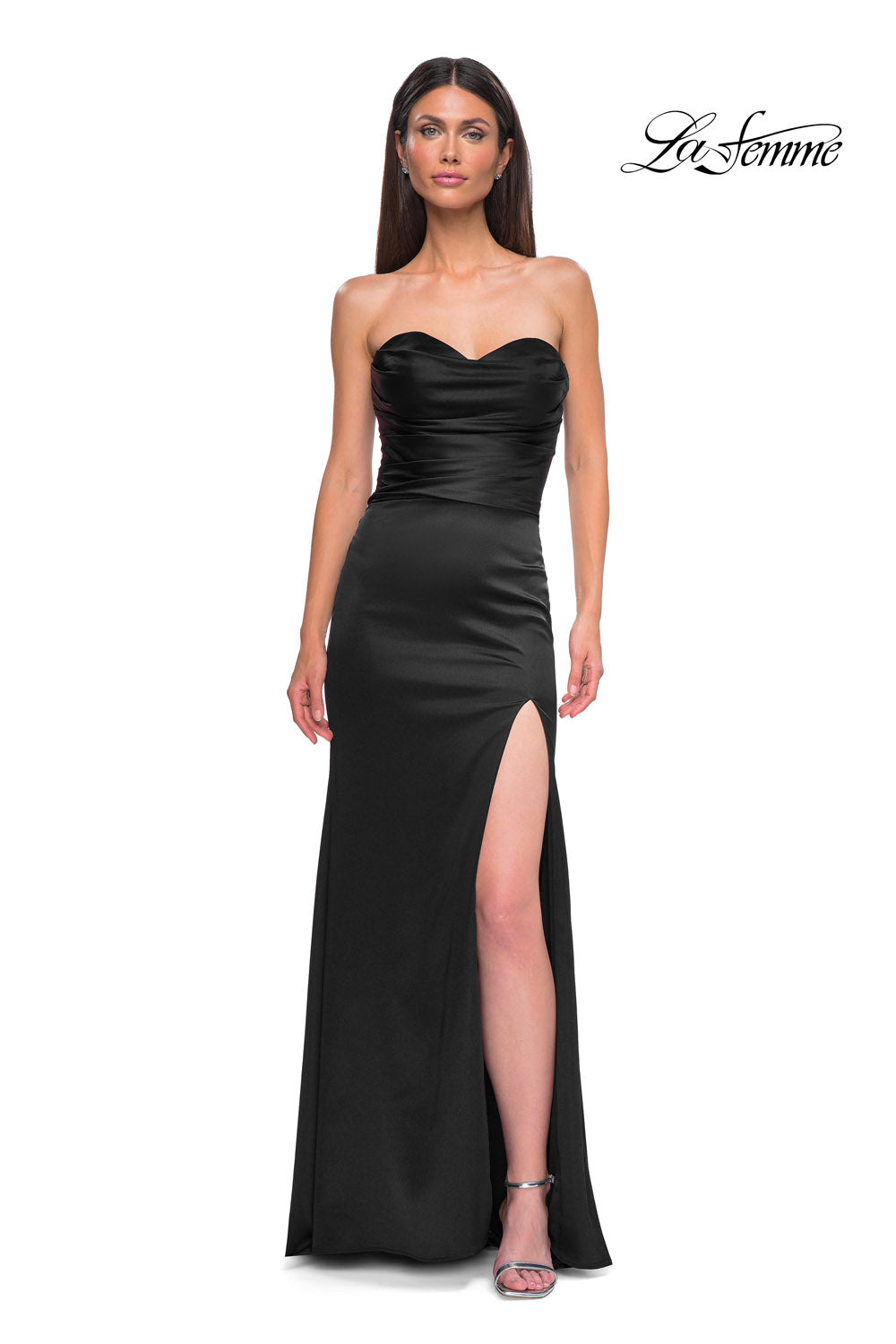 La Femme 32896 prom dress images. La Femme 32896 is available in these colors: Black, Dark Berry, Ivory.