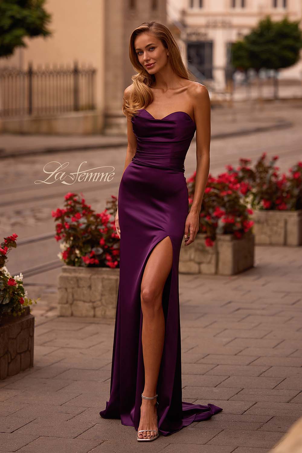 La Femme 32896 prom dress images. La Femme 32896 is available in these colors: Black, Dark Berry, Ivory.