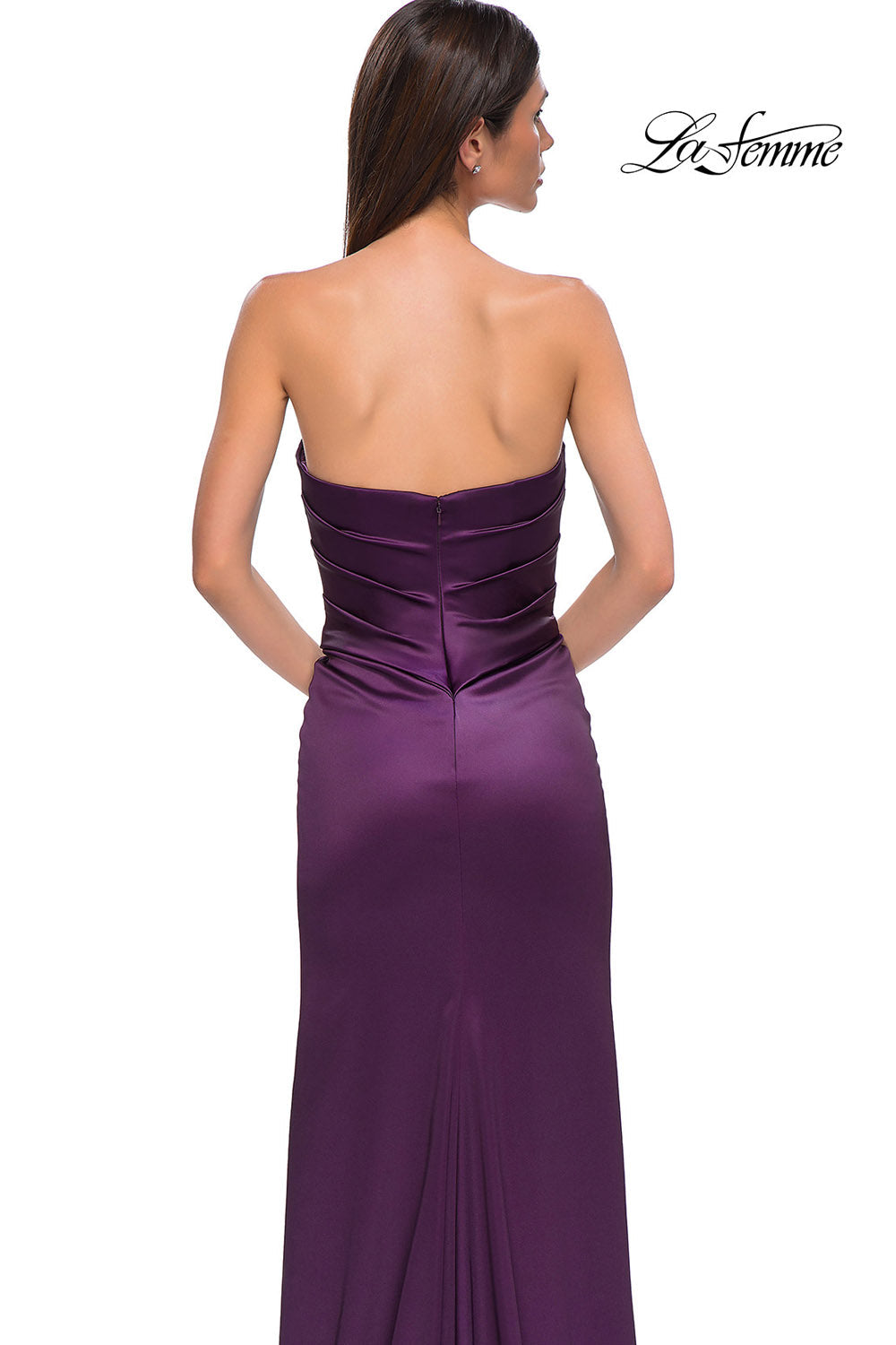 La Femme 32896 prom dress images. La Femme 32896 is available in these colors: Black, Dark Berry, Ivory.