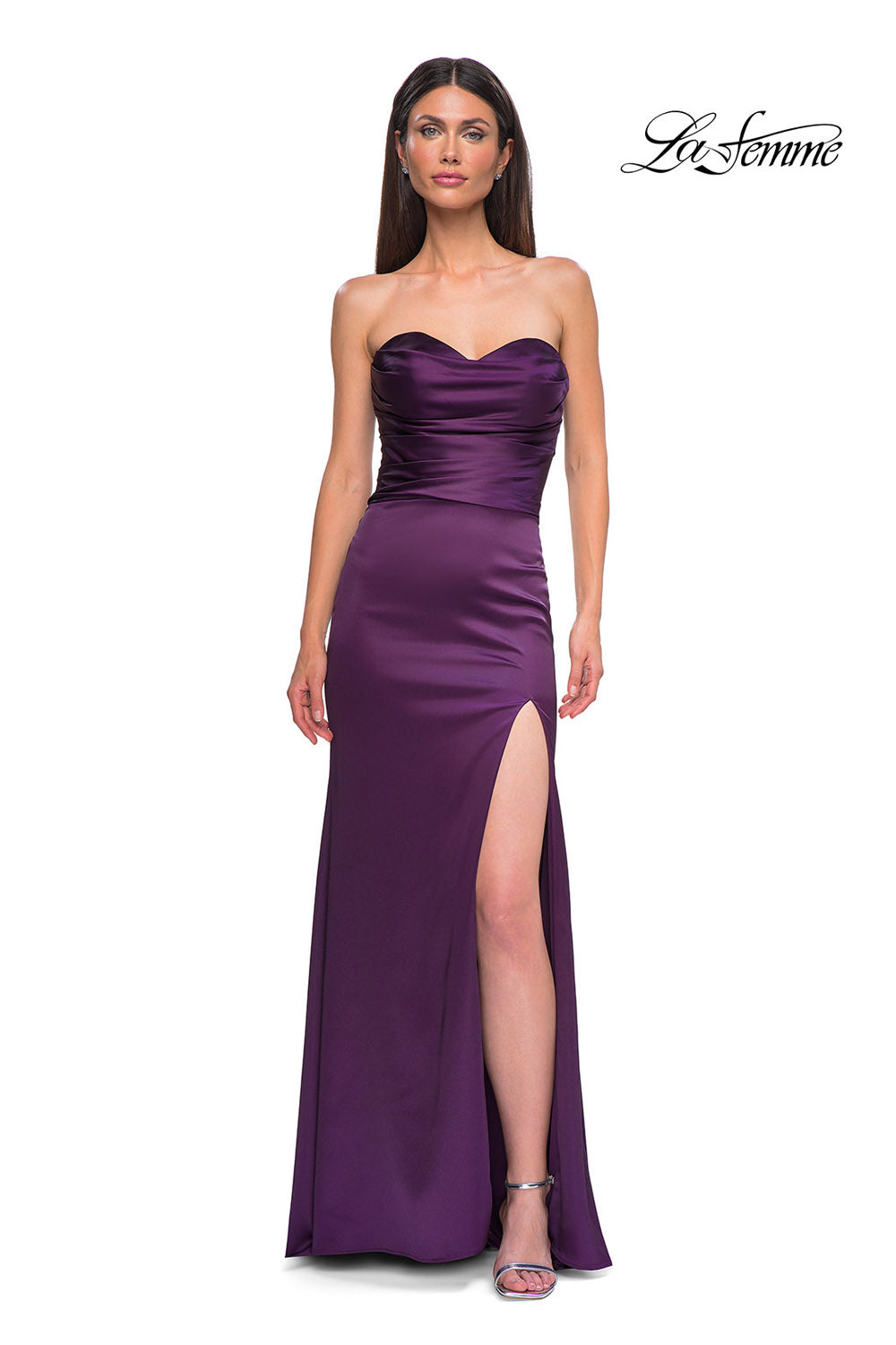 La Femme 32896 prom dress images. La Femme 32896 is available in these colors: Black, Dark Berry, Ivory.