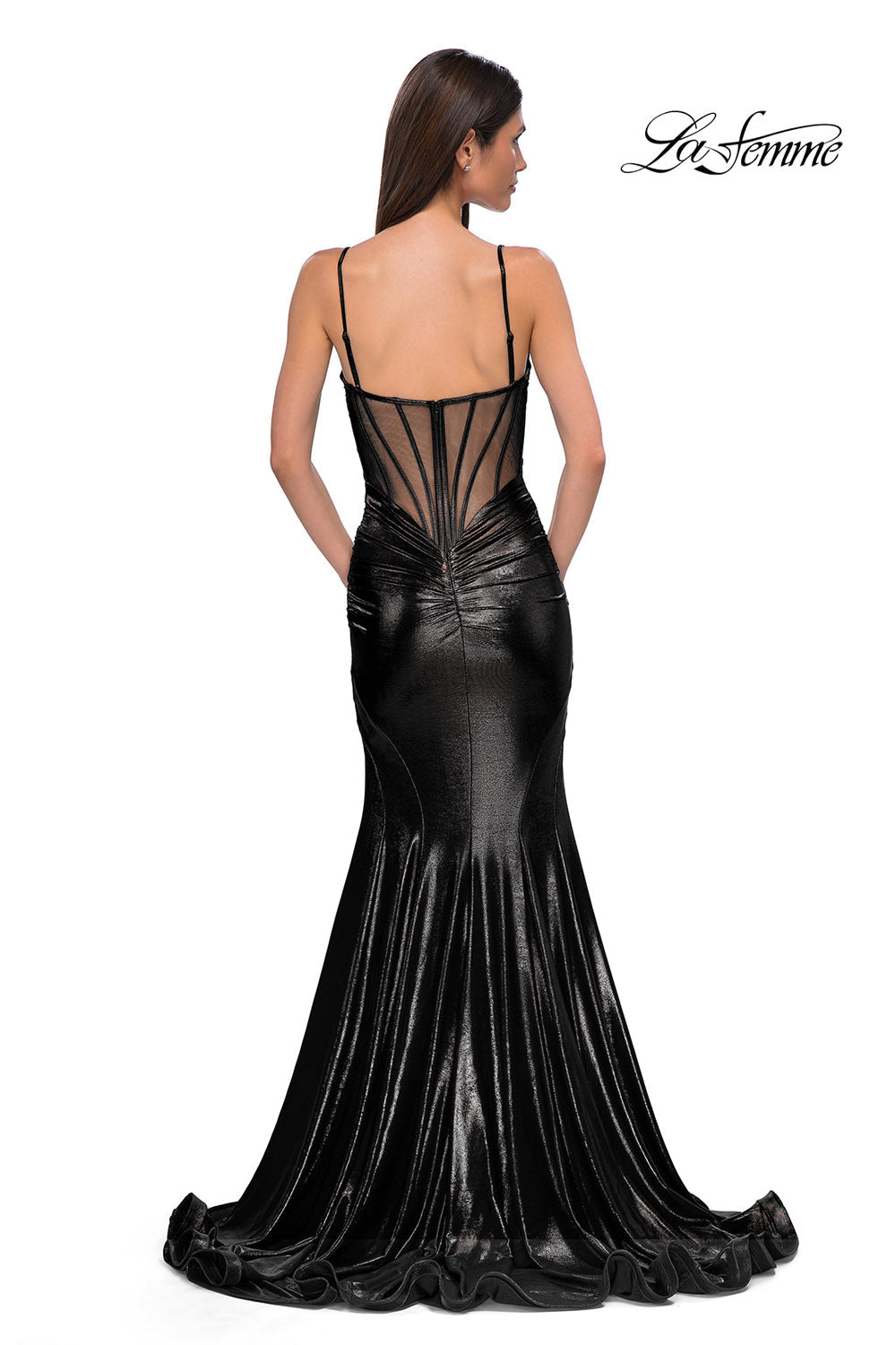 La Femme 32897 prom dress images. La Femme 32897 is available in these colors: Black, Bronze, Dark Teal, Indigo.