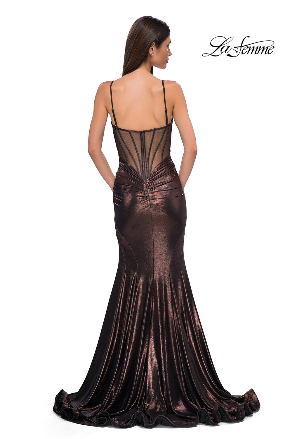 La Femme 32897 prom dress images. La Femme 32897 is available in these colors: Black, Bronze, Dark Teal, Indigo.
