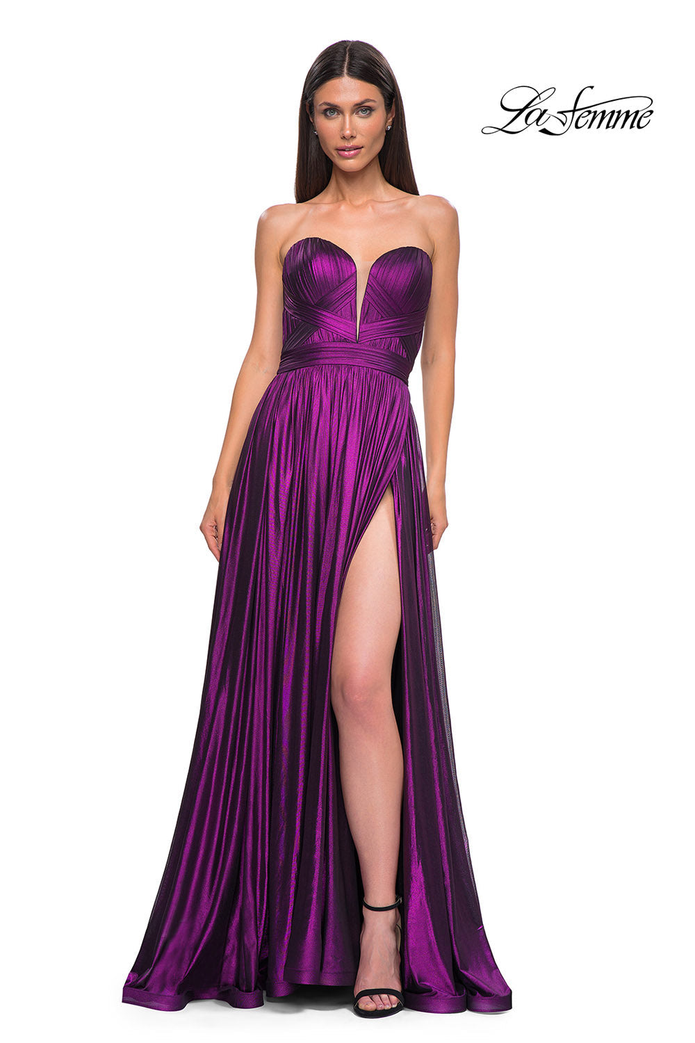 La Femme 32899 prom dress images. La Femme 32899 is available in these colors: Black Gold, Purple, Royal Blue.
