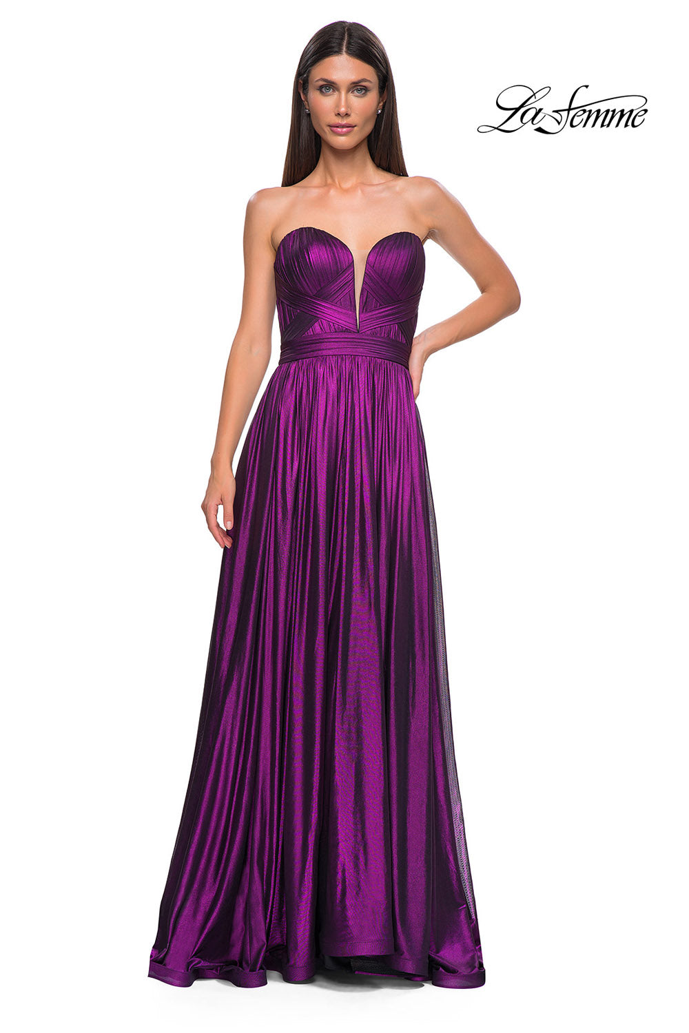 La Femme 32899 prom dress images. La Femme 32899 is available in these colors: Black Gold, Purple, Royal Blue.