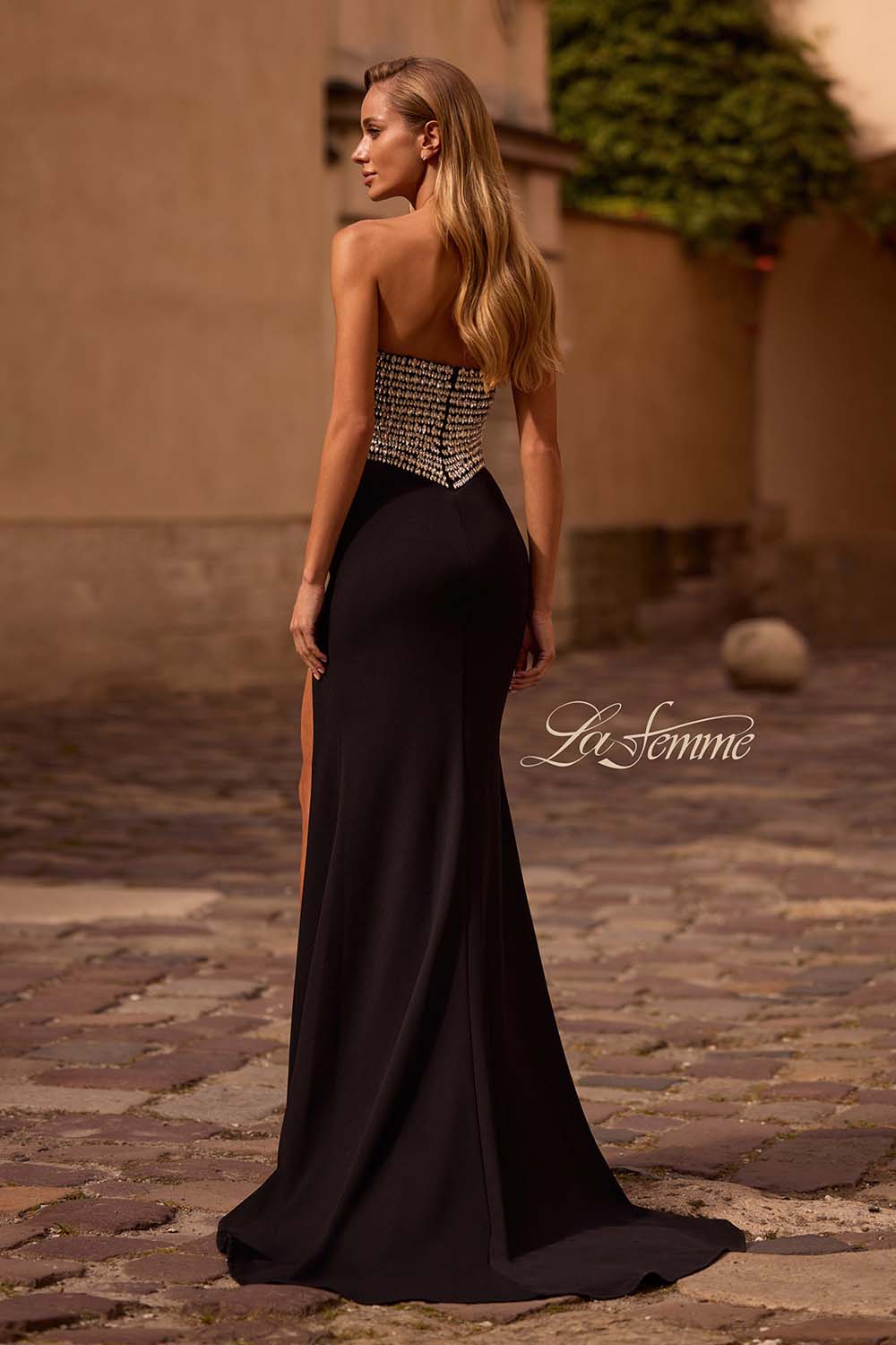 La Femme 32910 prom dress images. La Femme 32910 is available in these colors: Black, Ivory.