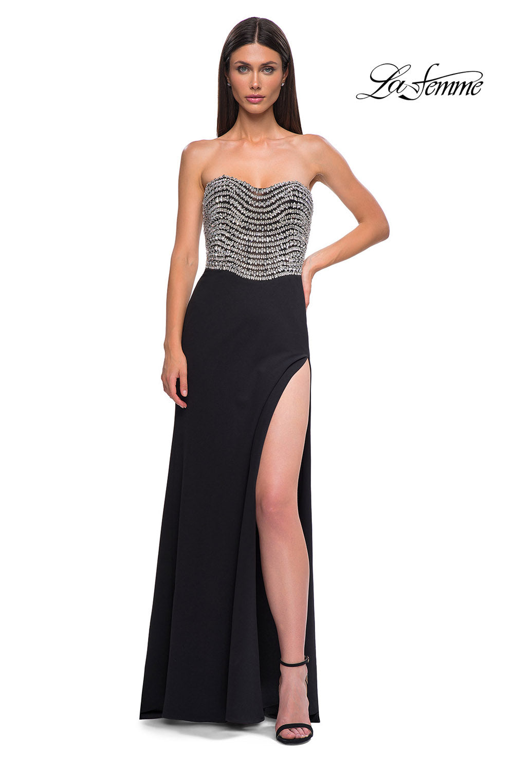 La Femme 32910 prom dress images. La Femme 32910 is available in these colors: Black, Ivory.