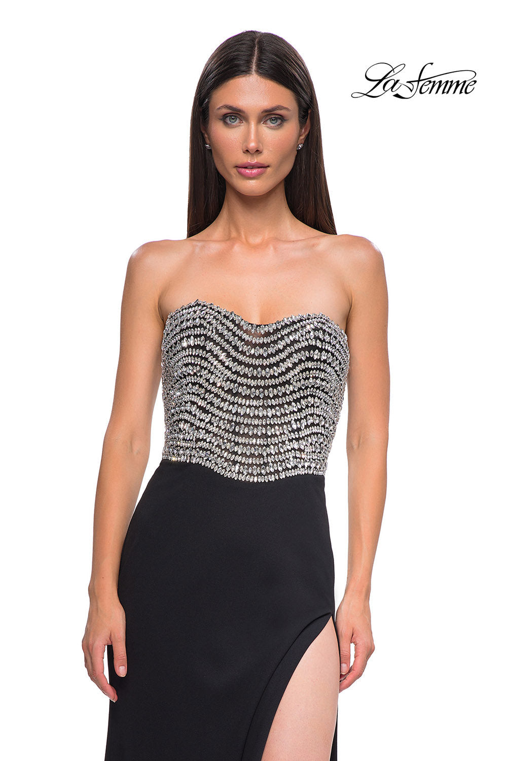 La Femme 32910 prom dress images. La Femme 32910 is available in these colors: Black, Ivory.