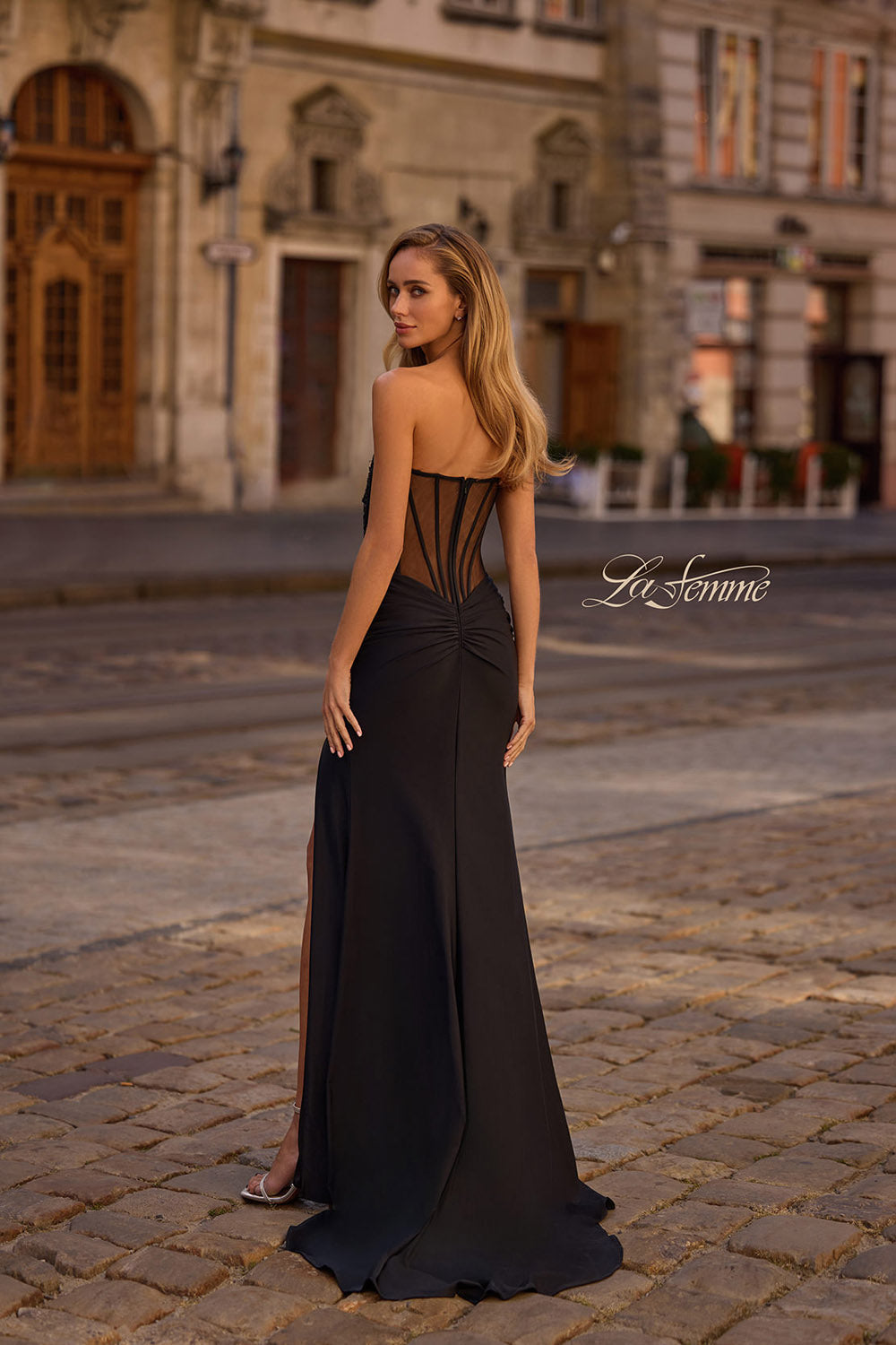 La Femme 32912 prom dress images. La Femme 32912 is available in these colors: Black, Dark Emerald, Dark Wine.