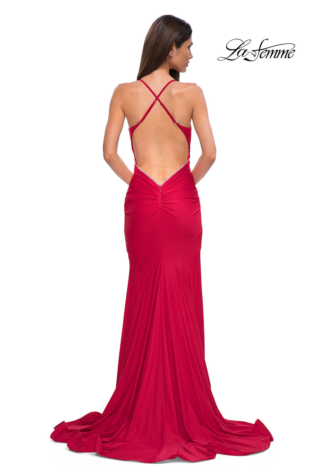 La Femme 32918 prom dress images. La Femme 32918 is available in these colors: Cloud Blue, Periwinkle, Red.