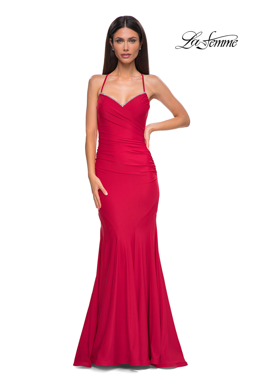 La Femme 32918 prom dress images. La Femme 32918 is available in these colors: Cloud Blue, Periwinkle, Red.