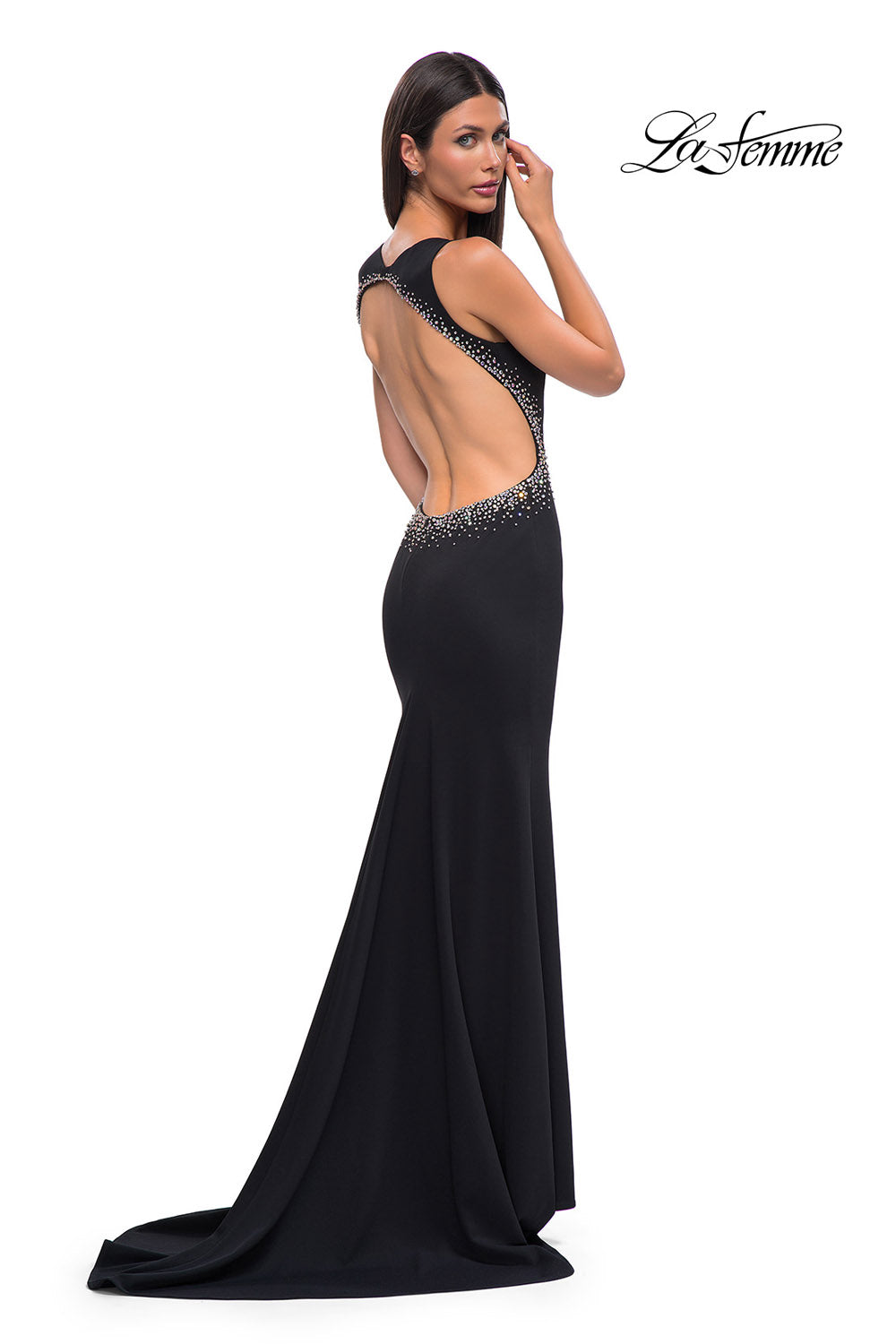 La Femme 32922 prom dress images. La Femme 32922 is available in these colors: Black, Ivory, Red.