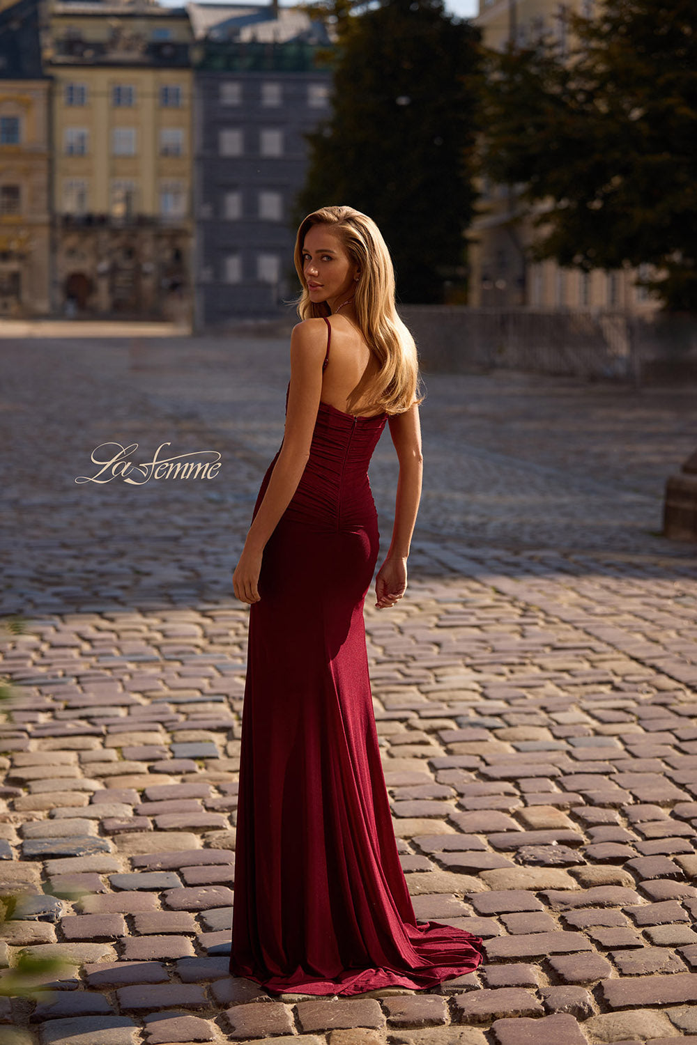 La Femme 32925 prom dress images. La Femme 32925 is available in these colors: Dark Berry, Emerald, Royal Blue.