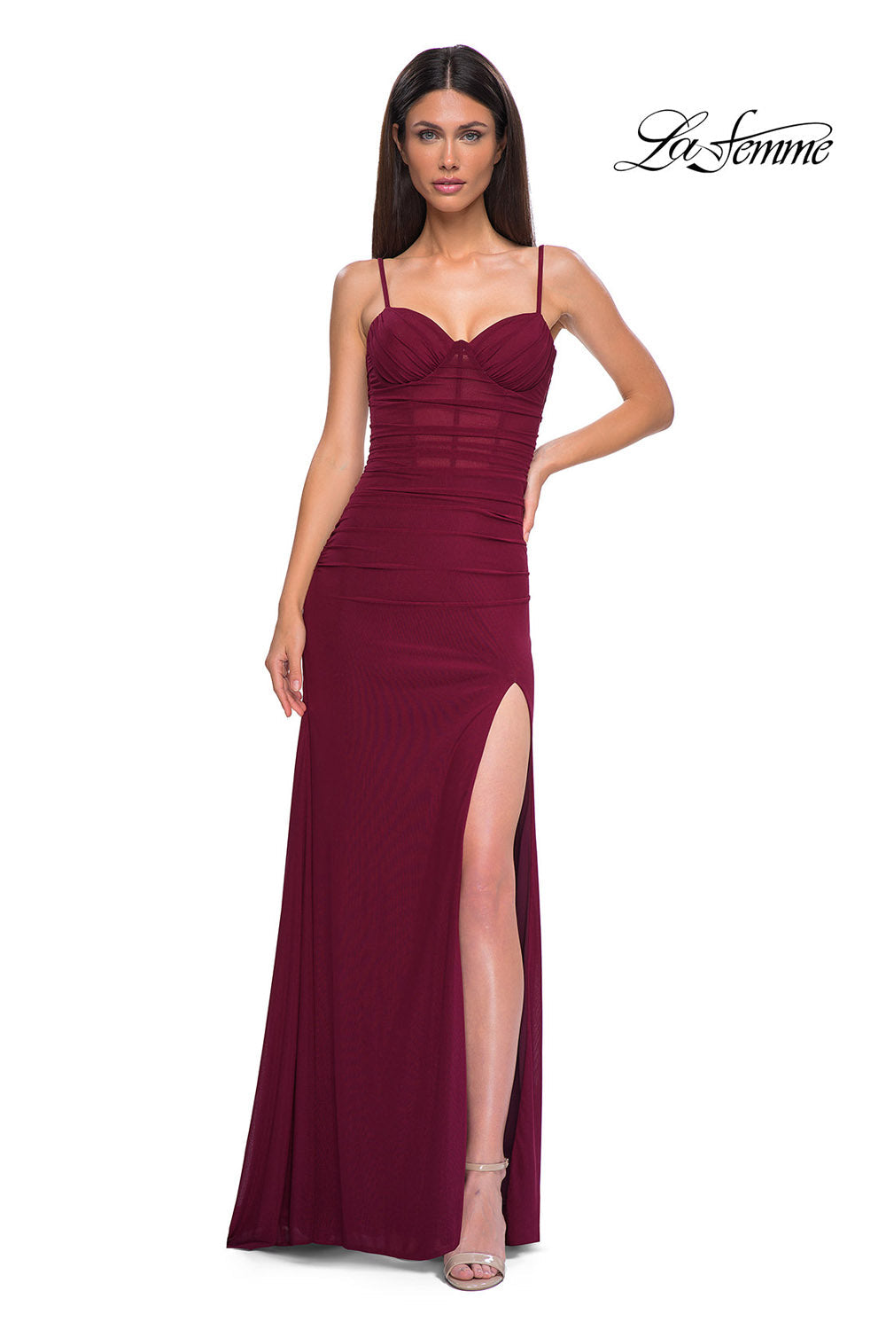 La Femme 32925 prom dress images. La Femme 32925 is available in these colors: Dark Berry, Emerald, Royal Blue.