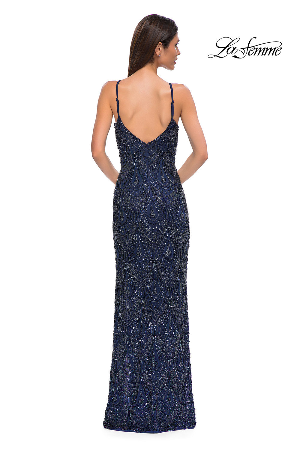 La Femme 32928 prom dress images. La Femme 32928 is available in these colors: Navy, Rose Gold, Silver.