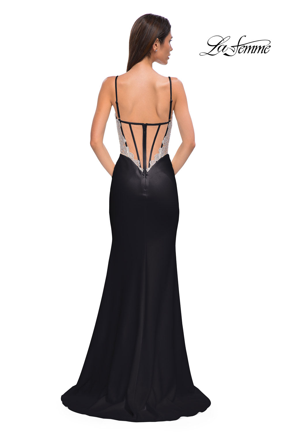 La Femme 32930 prom dress images. La Femme 32930 is available in these colors: Black, Ivory.