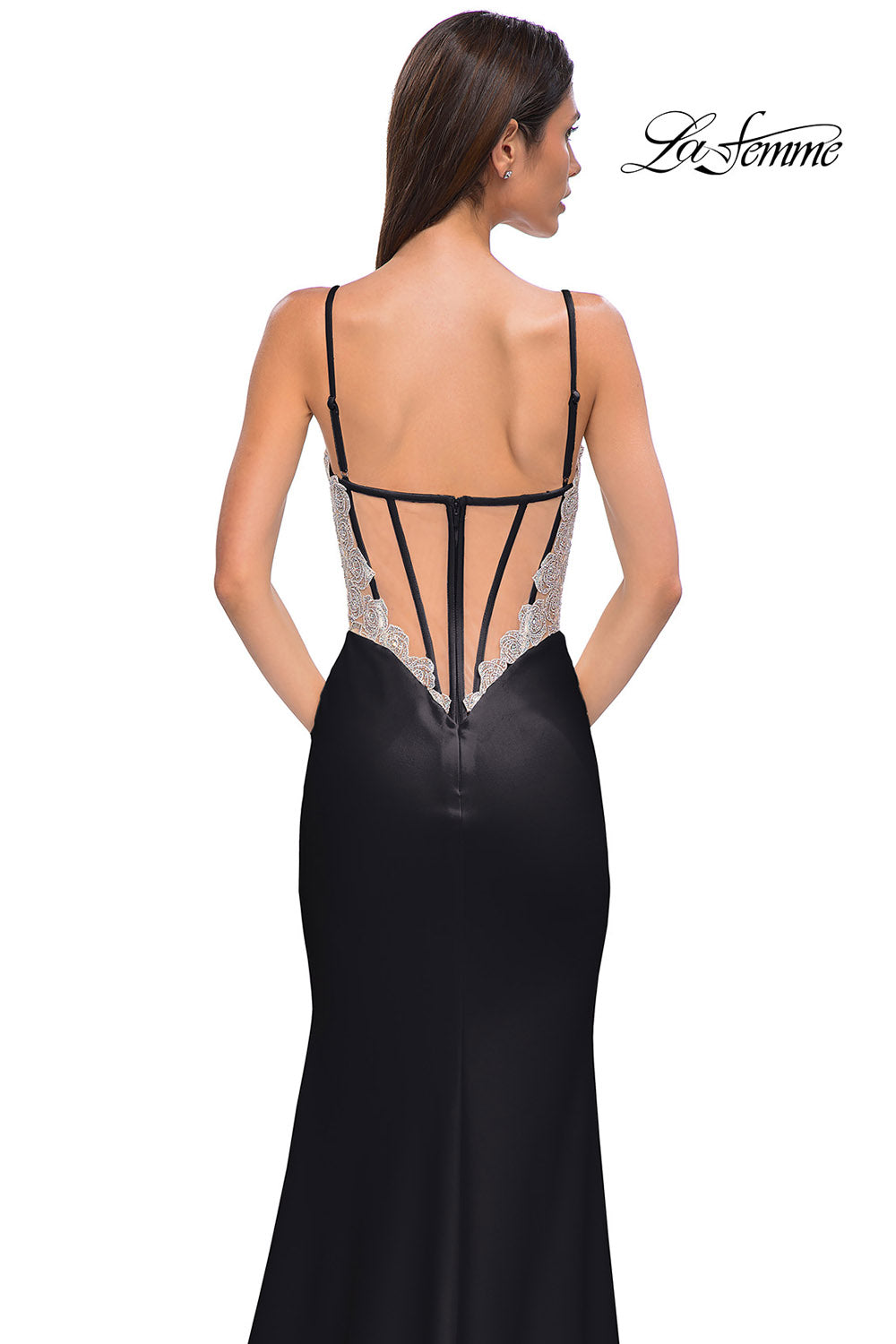 La Femme 32930 prom dress images. La Femme 32930 is available in these colors: Black, Ivory.