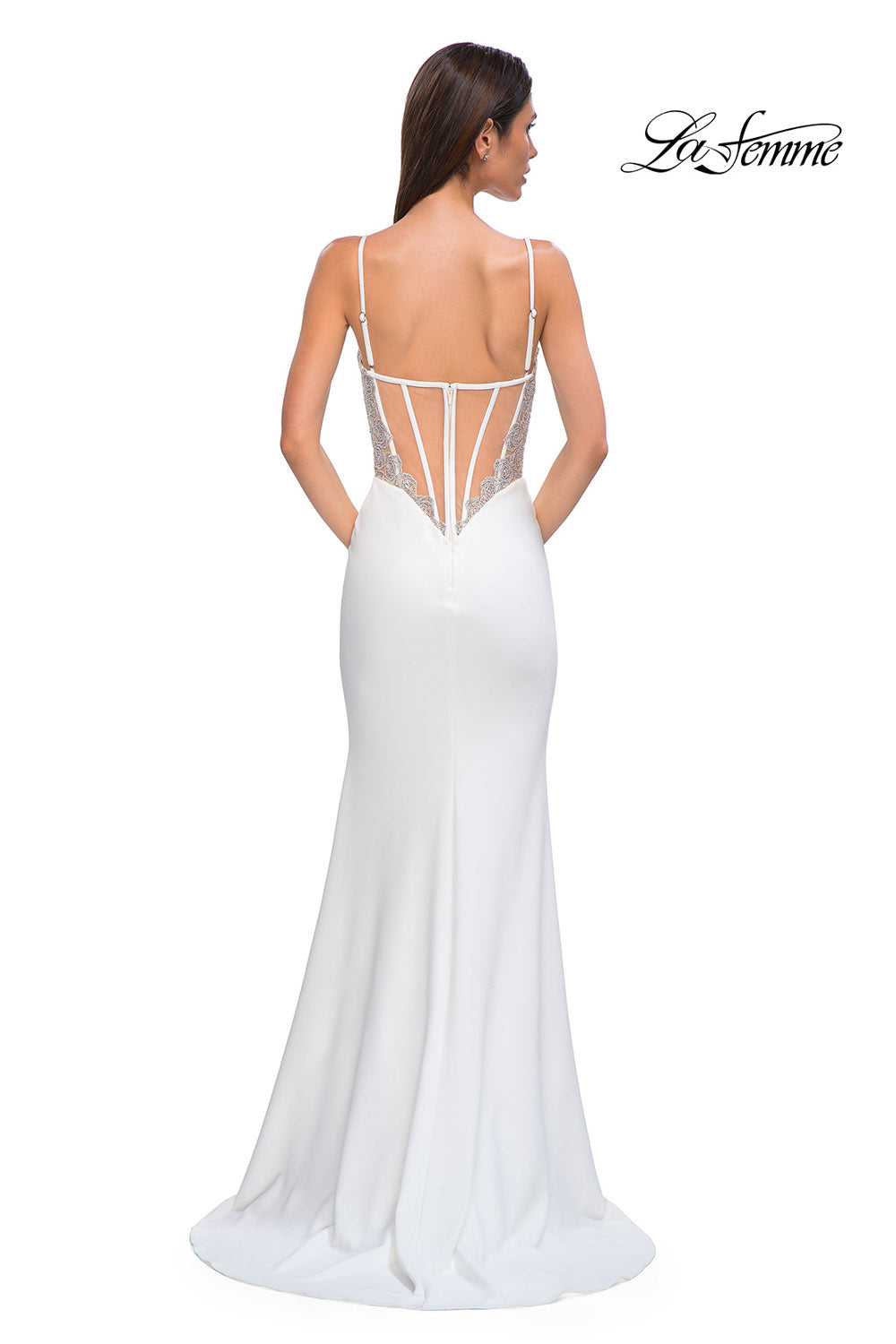 La Femme 32930 prom dress images. La Femme 32930 is available in these colors: Black, Ivory.