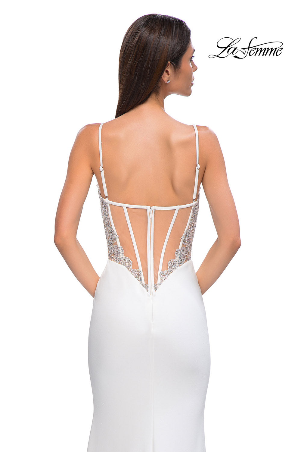 La Femme 32930 prom dress images. La Femme 32930 is available in these colors: Black, Ivory.