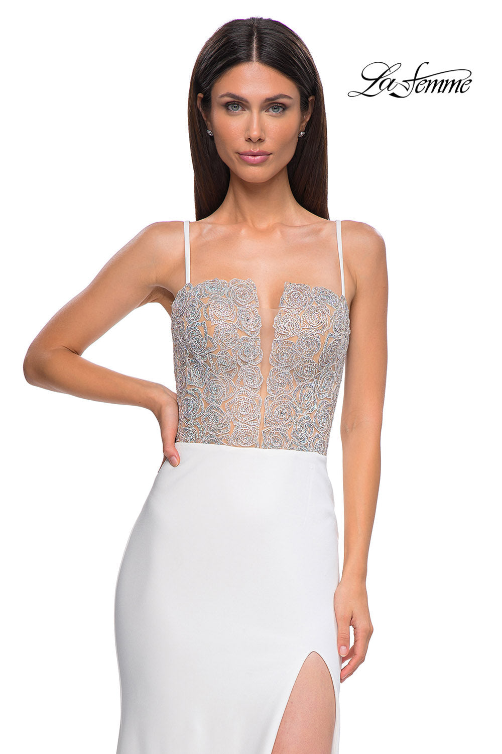 La Femme 32930 prom dress images. La Femme 32930 is available in these colors: Black, Ivory.