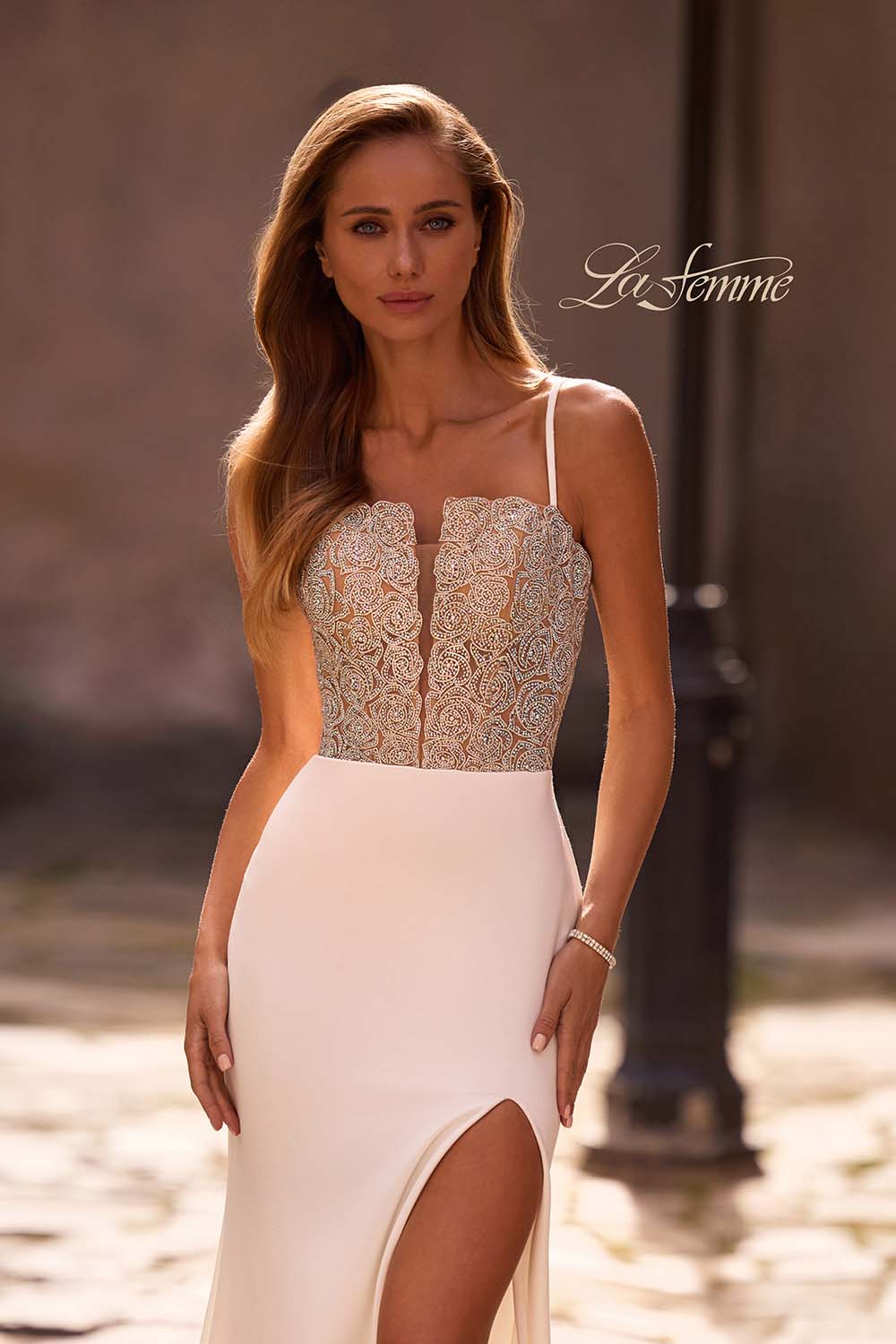 La Femme 32930 prom dress images. La Femme 32930 is available in these colors: Black, Ivory.