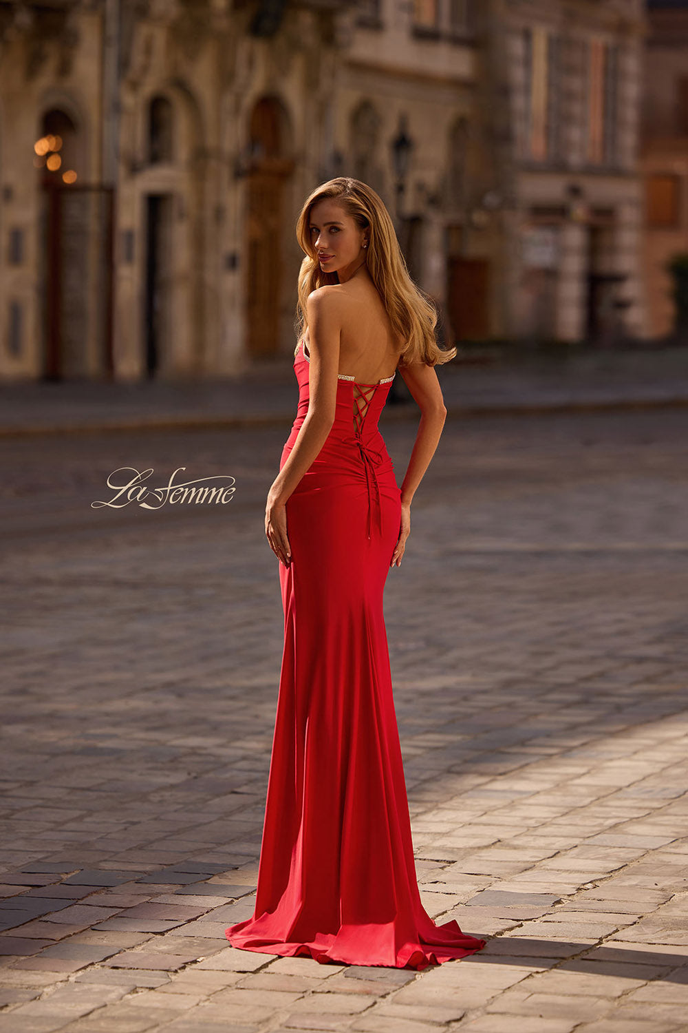 La Femme 32931 prom dress images. La Femme 32931 is available in these colors: Black, Red, Royal Blue.