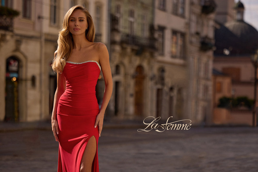 La Femme 32931 prom dress images. La Femme 32931 is available in these colors: Black, Red, Royal Blue.