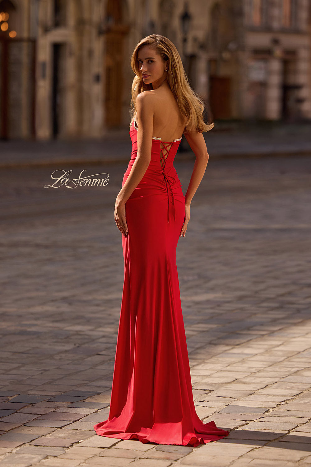 La Femme 32931 prom dress images. La Femme 32931 is available in these colors: Black, Red, Royal Blue.