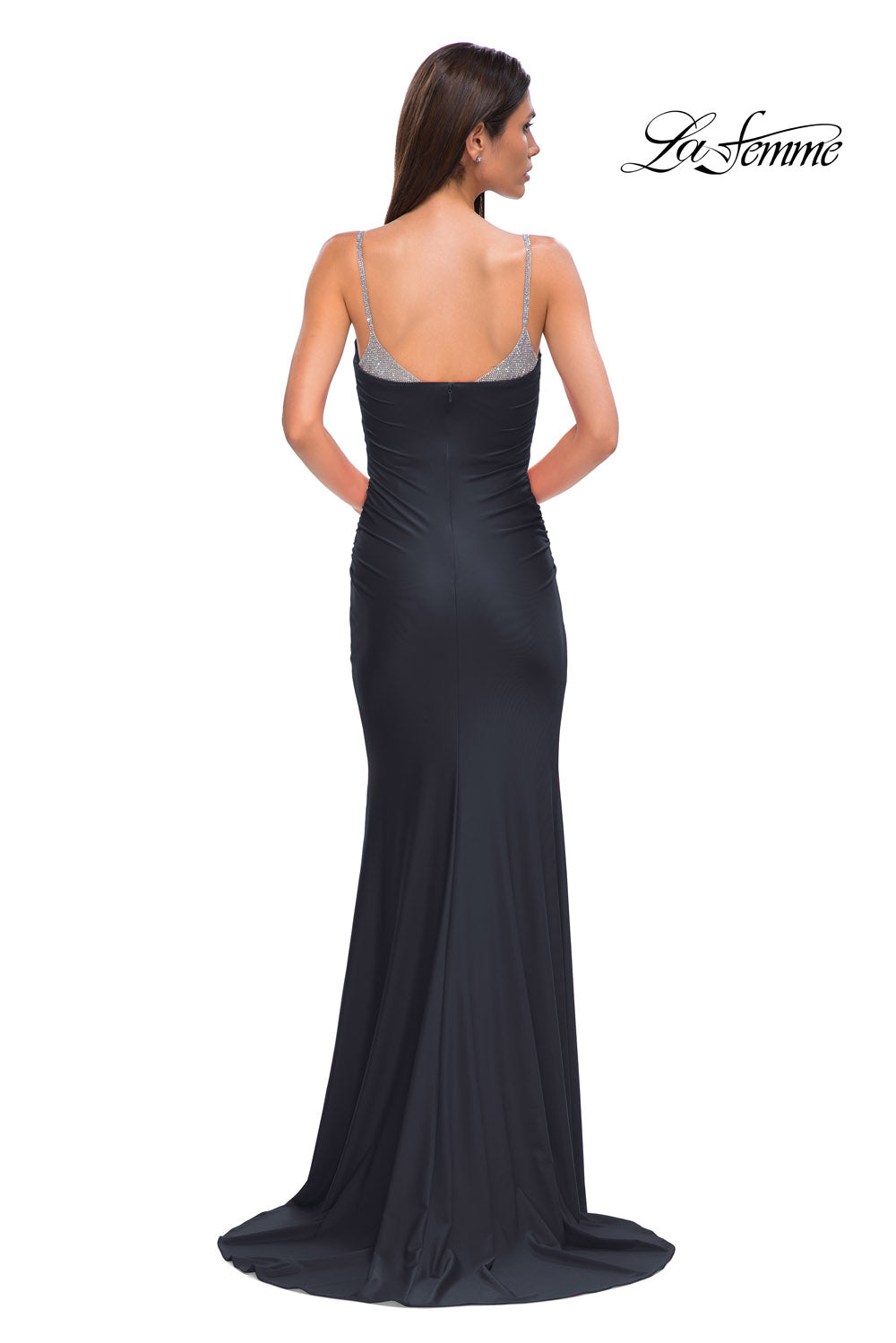 La Femme 32939 prom dress images. La Femme 32939 is available in these colors: Black, Red, Royal Blue.