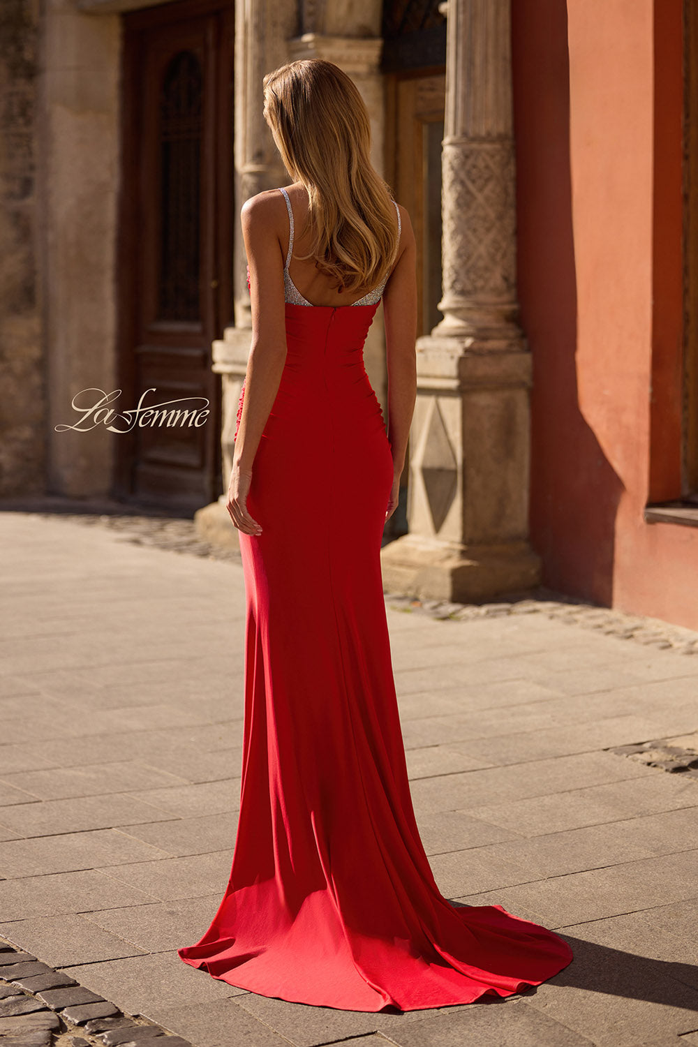 La Femme 32939 prom dress images. La Femme 32939 is available in these colors: Black, Red, Royal Blue.