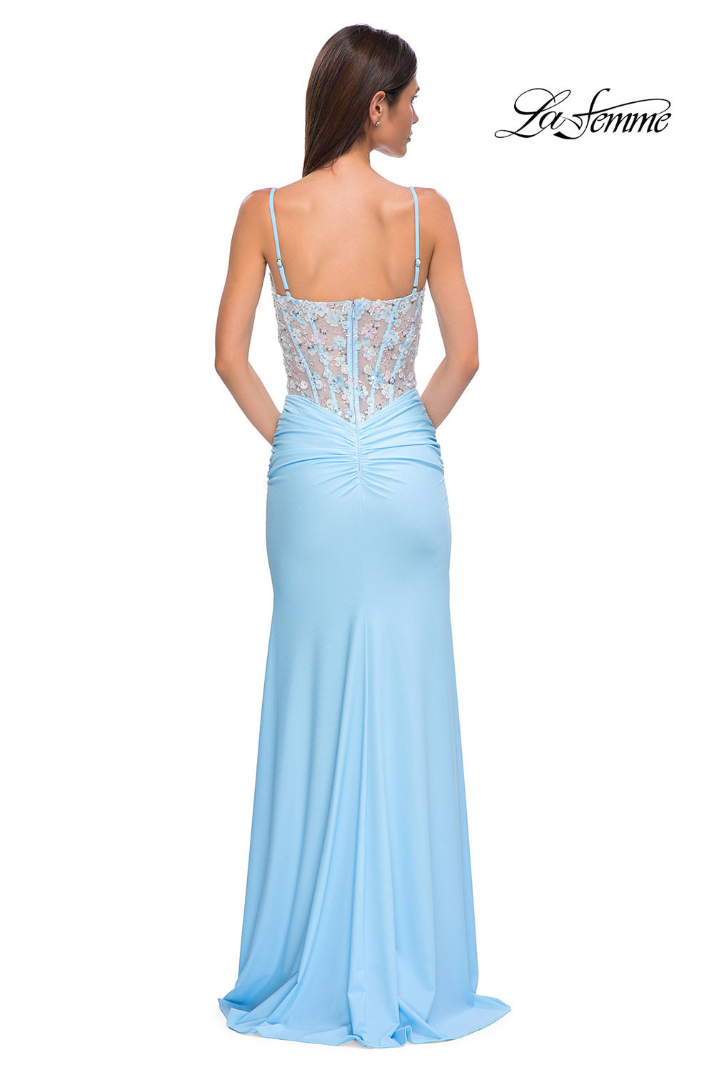 La Femme 32957 prom dress images. La Femme 32957 is available in these colors: Cloud Blue.