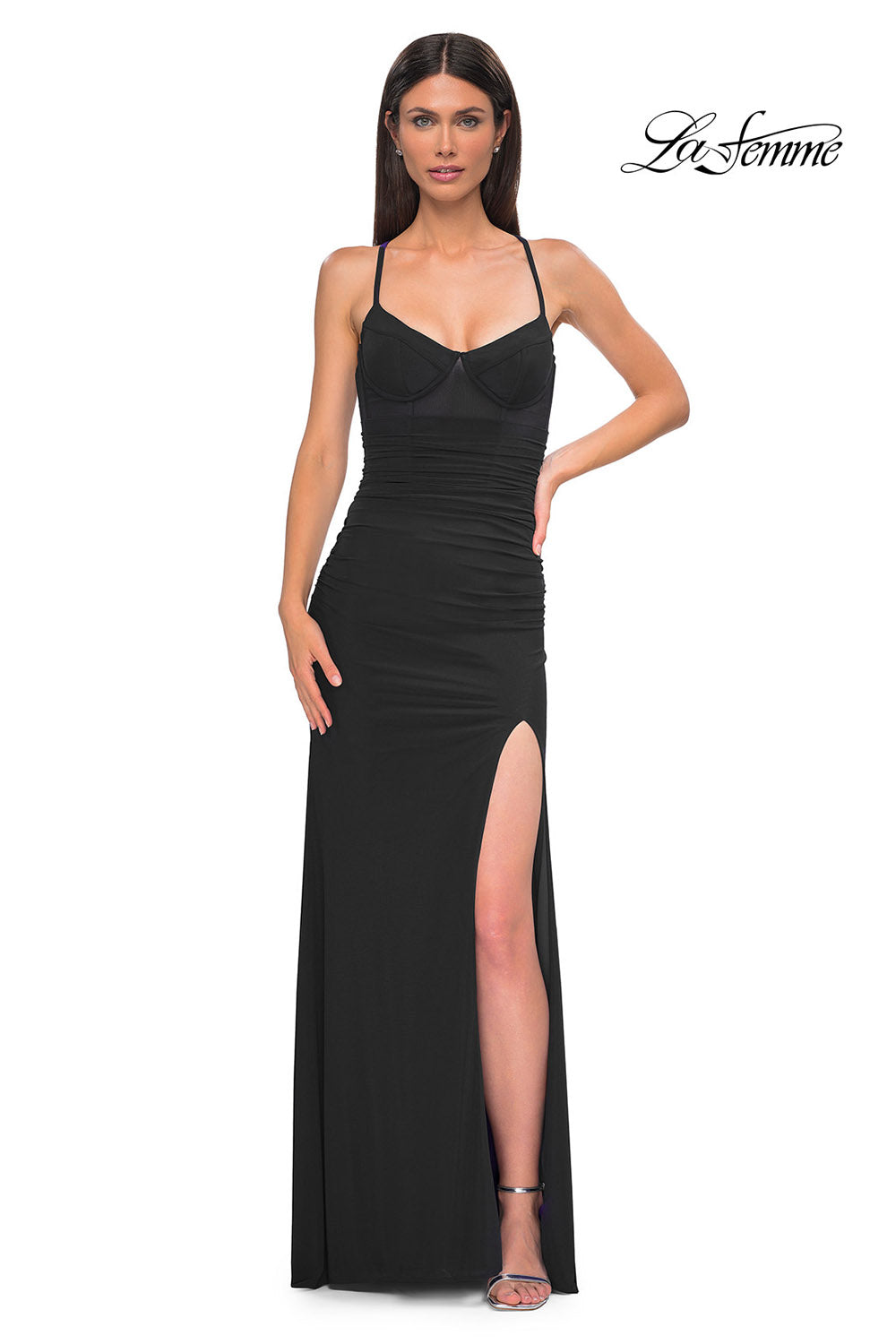 La Femme 32966 prom dress images. La Femme 32966 is available in these colors: Black, Emerald, Indigo.