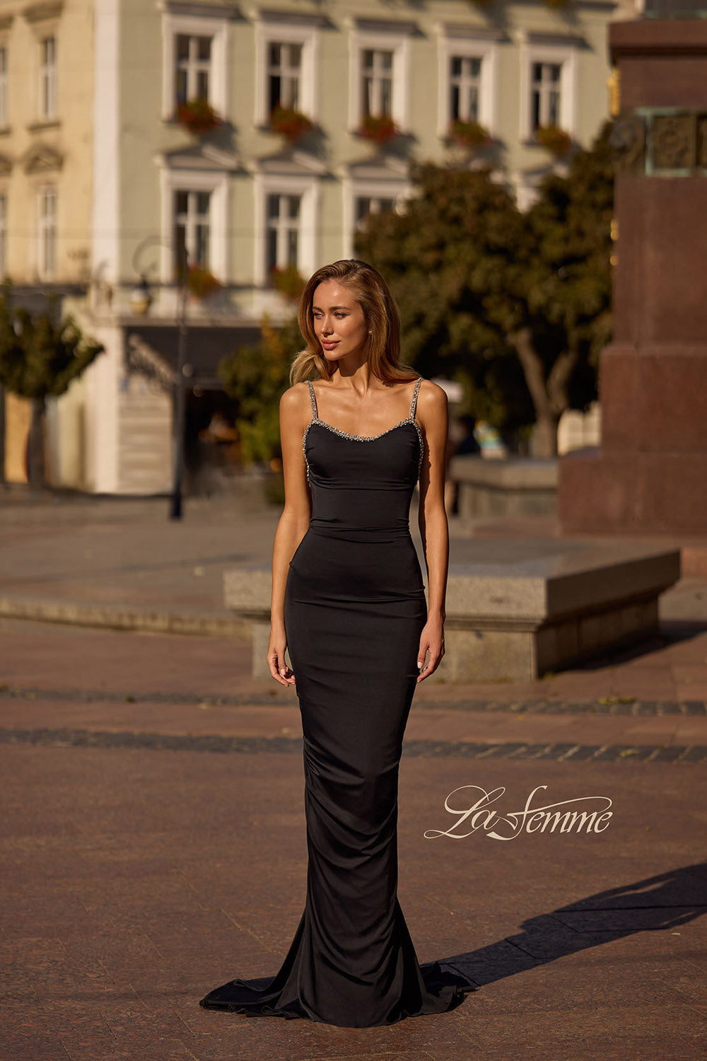 La Femme 32970 prom dress images. La Femme 32970 is available in these colors: Black, Red.