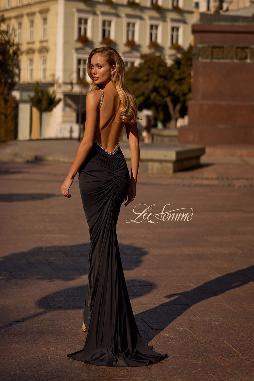 La Femme 32970 prom dress images. La Femme 32970 is available in these colors: Black, Red.