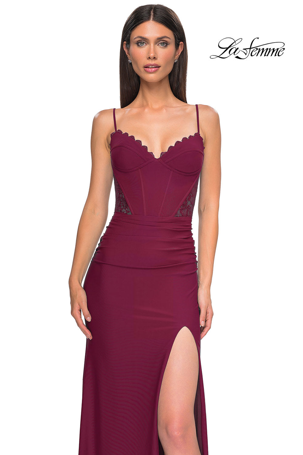 La Femme 32983 prom dress images. La Femme 32983 is available in these colors: Black, Dark Berry, Dark Teal.