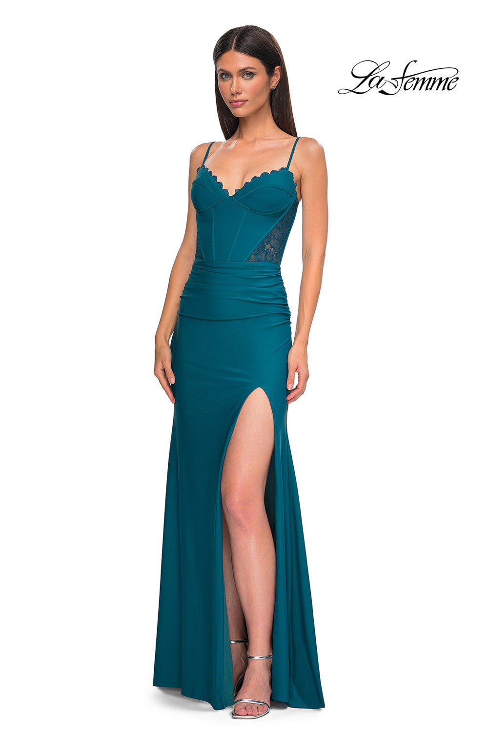 La Femme 32983 prom dress images. La Femme 32983 is available in these colors: Black, Dark Berry, Dark Teal.
