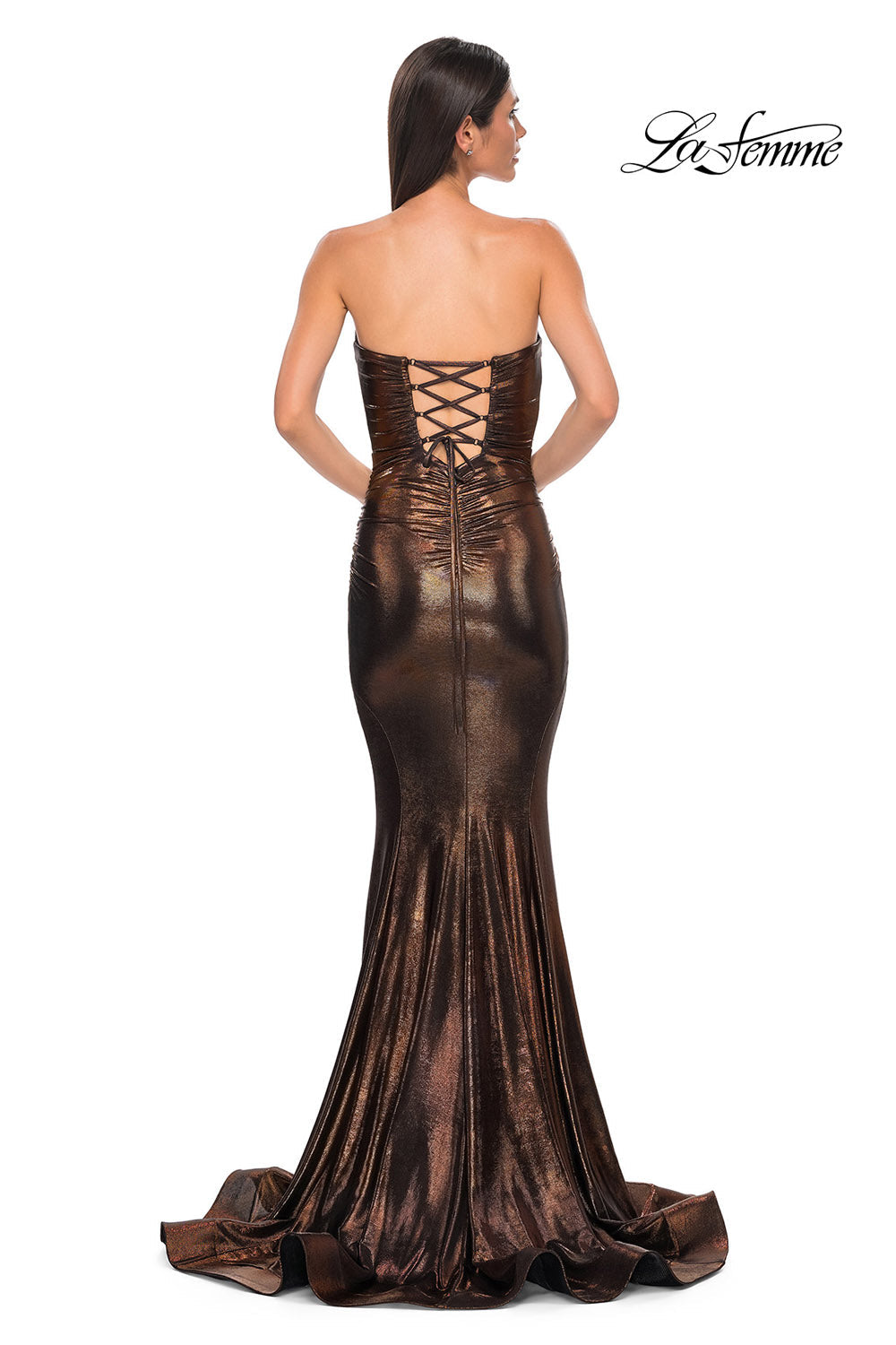 La Femme 32995 prom dress images. La Femme 32995 is available in these colors: Bronze, Dark Teal, Indigo, Mocha, Purple.