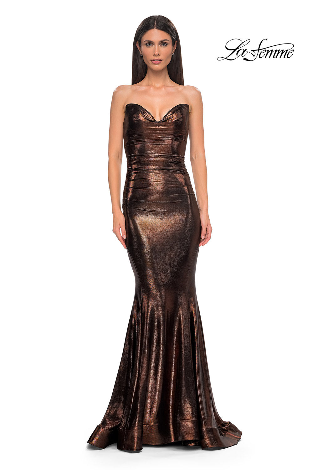 La Femme 32995 prom dress images. La Femme 32995 is available in these colors: Bronze, Dark Teal, Indigo, Mocha, Purple.
