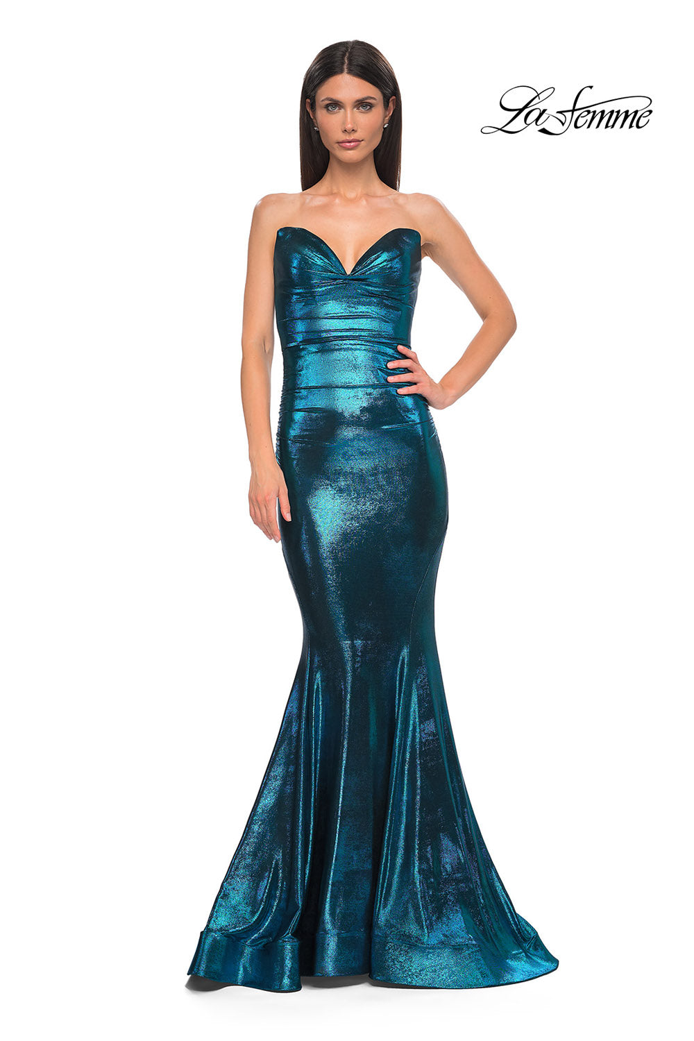 La Femme 32995 prom dress images. La Femme 32995 is available in these colors: Bronze, Dark Teal, Indigo, Mocha, Purple.