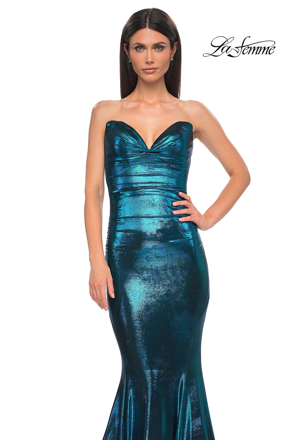 La Femme 32995 prom dress images. La Femme 32995 is available in these colors: Bronze, Dark Teal, Indigo, Mocha, Purple.
