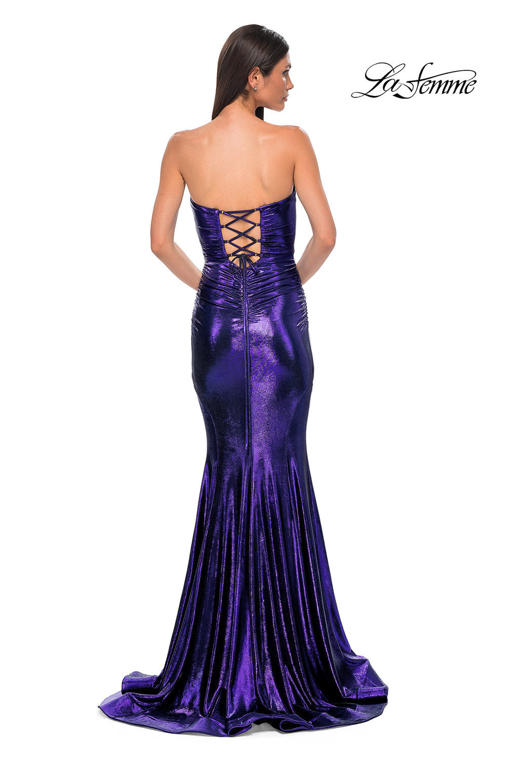 La Femme 32995 prom dress images. La Femme 32995 is available in these colors: Bronze, Dark Teal, Indigo, Mocha, Purple.