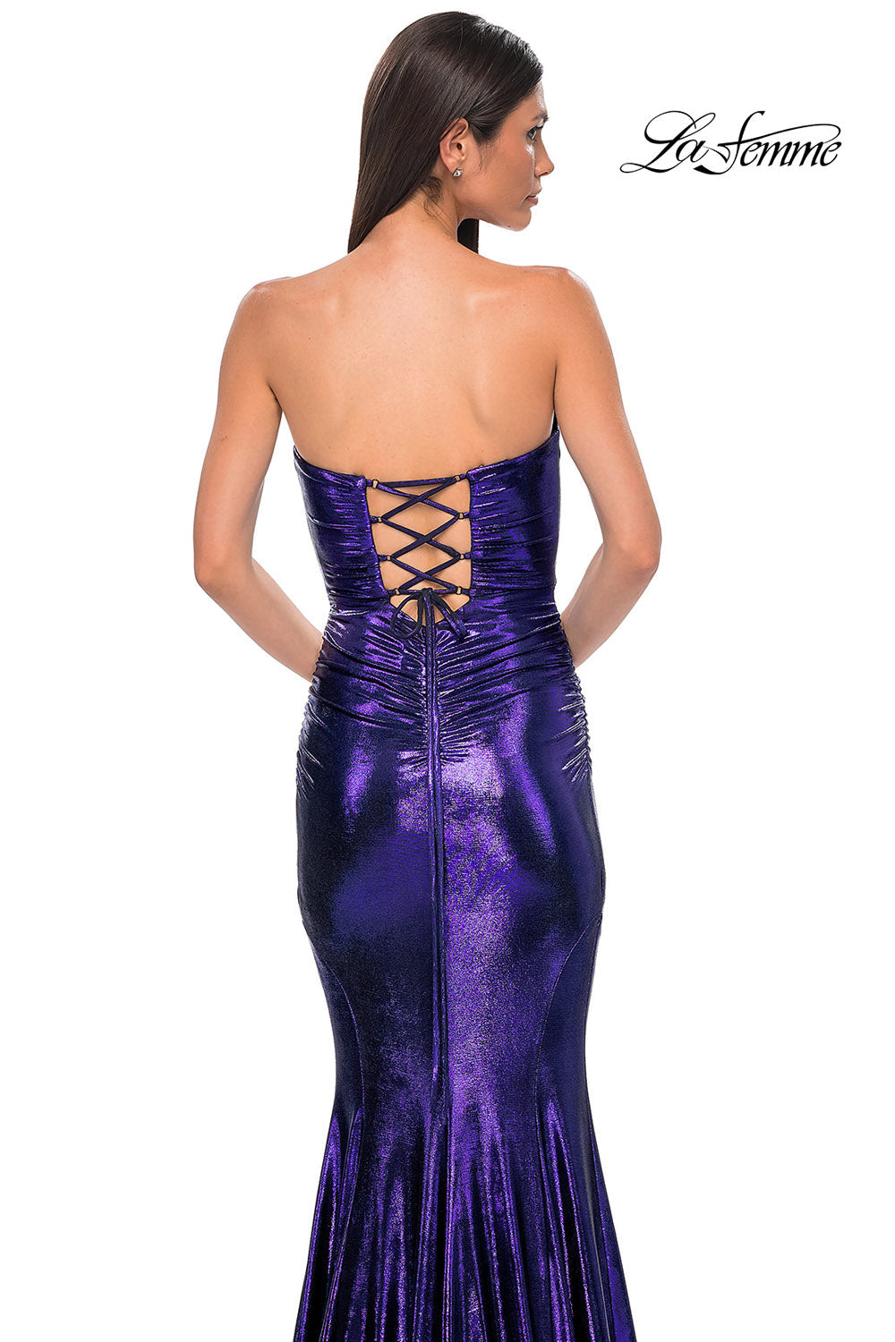 La Femme 32995 prom dress images. La Femme 32995 is available in these colors: Bronze, Dark Teal, Indigo, Mocha, Purple.