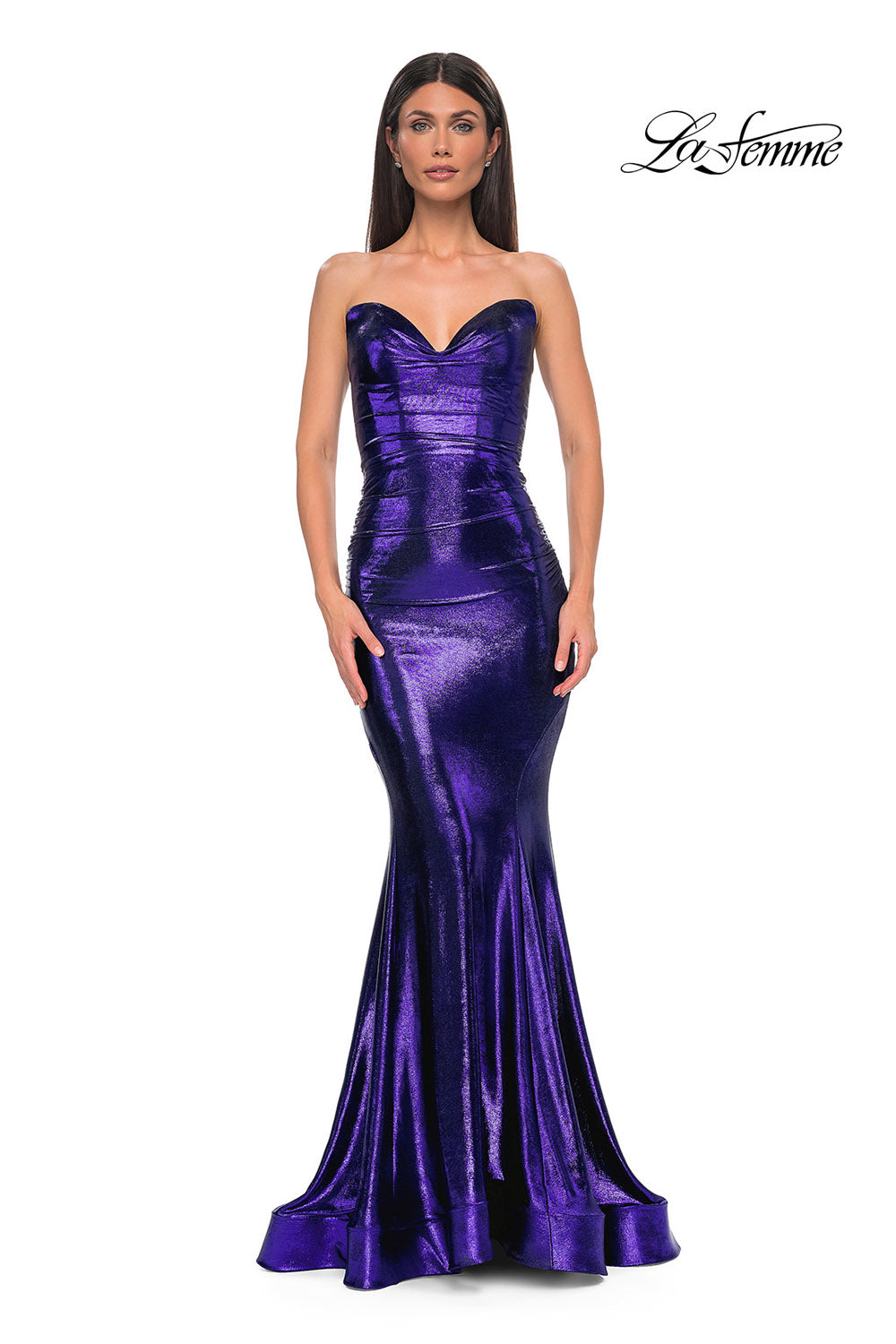 La Femme 32995 prom dress images. La Femme 32995 is available in these colors: Bronze, Dark Teal, Indigo, Mocha, Purple.