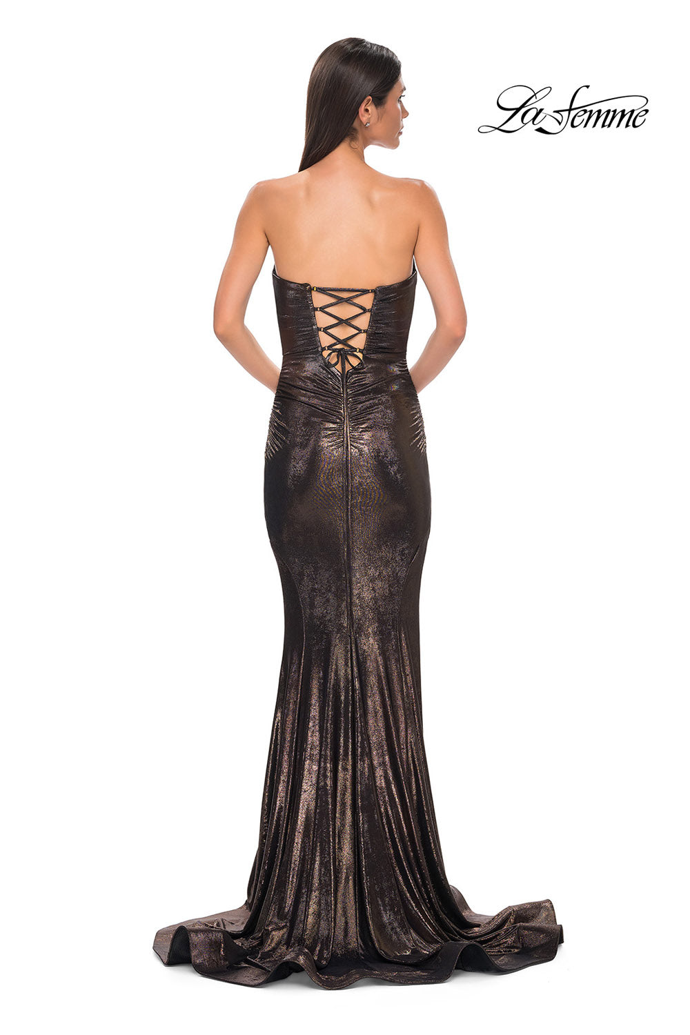 La Femme 32995 prom dress images. La Femme 32995 is available in these colors: Bronze, Dark Teal, Indigo, Mocha, Purple.