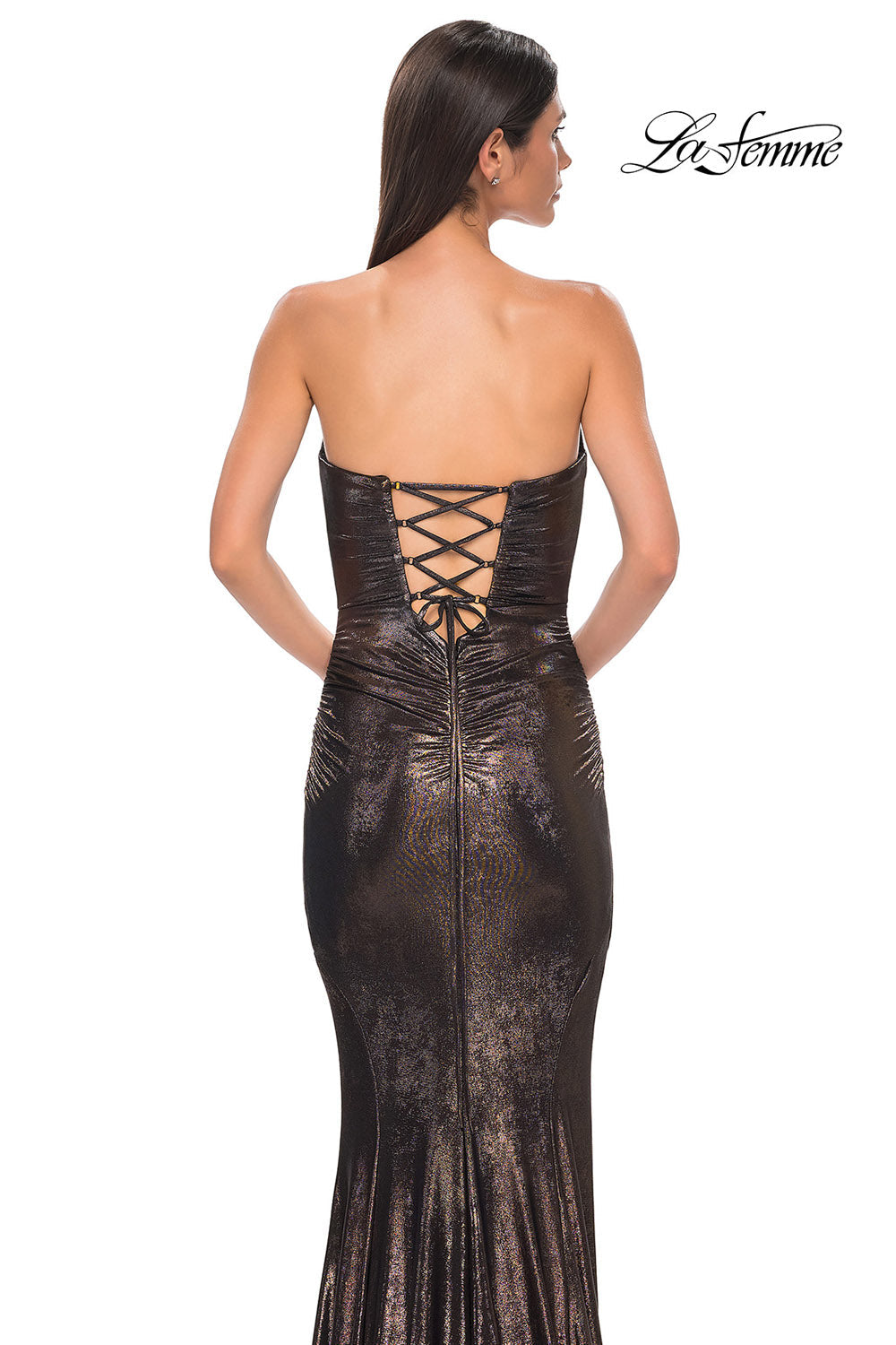 La Femme 32995 prom dress images. La Femme 32995 is available in these colors: Bronze, Dark Teal, Indigo, Mocha, Purple.