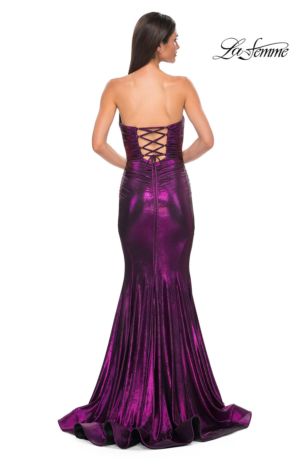 La Femme 32995 prom dress images. La Femme 32995 is available in these colors: Bronze, Dark Teal, Indigo, Mocha, Purple.